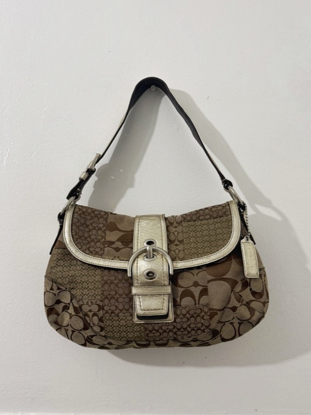 Coach Soho Signature Patchwork Shoulder Bag Canvas Brown Gold F12316